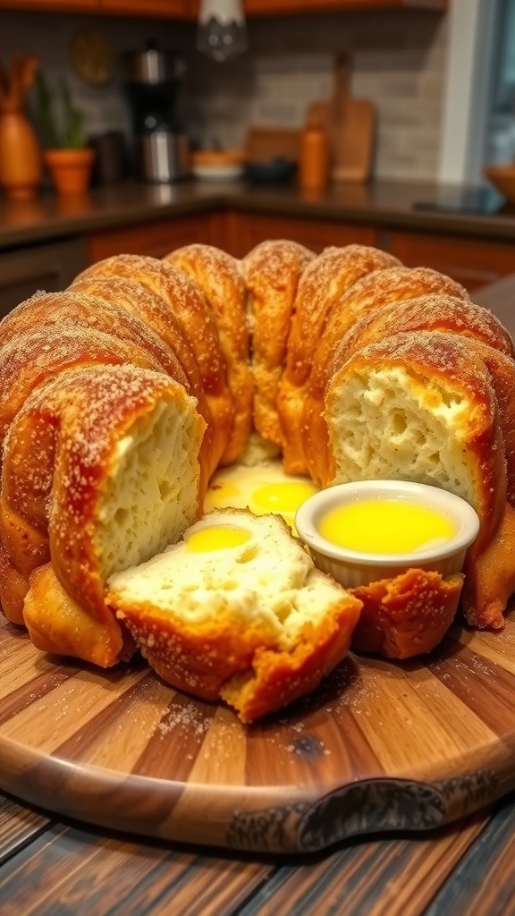 Golden-brown monkey bread on a wooden table, with gooey pieces and a side of melted butter.